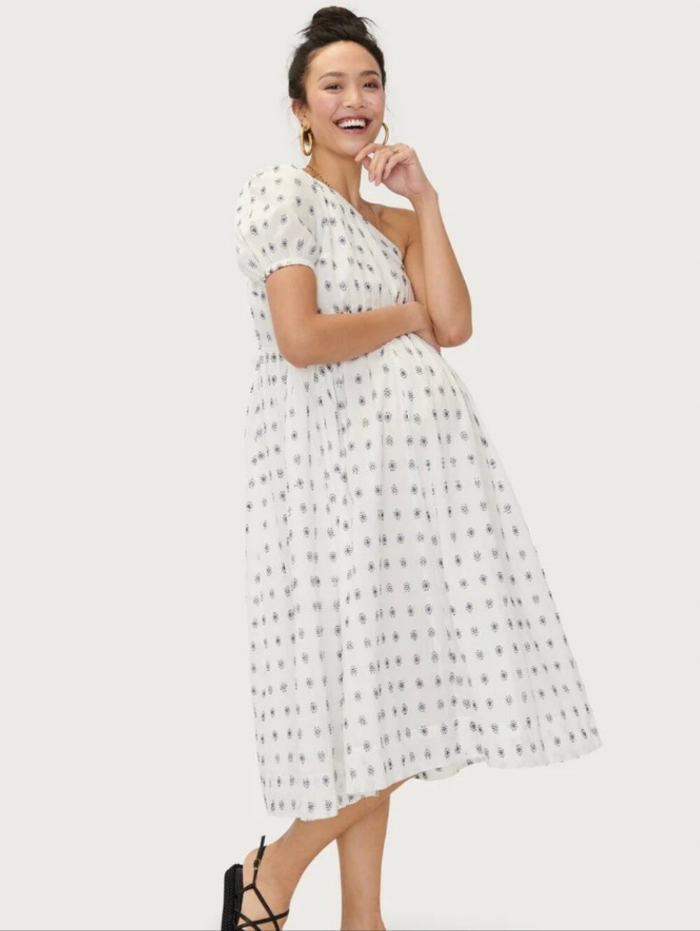Hatch Maternity One-Shoulder White Floral Midi Dress